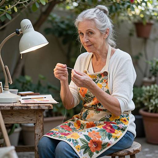 Photograph of an elderly woman with gray hair in a floral apron, white cardigan, and blue jeans, sewing by a lit desk lamp in