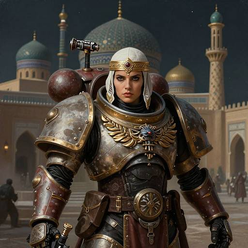Digital artwork of a fierce, armored woman with a white helmet, golden wings on her chest, standing in a fantastical Middle Eastern city with domed
