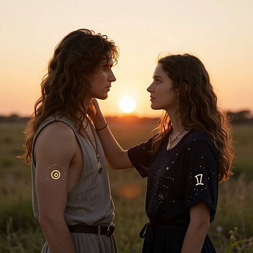 Photograph of a couple with long, wavy hair facing each other at sunset; one wears a gray sleeveless top with a circular tattoo, the