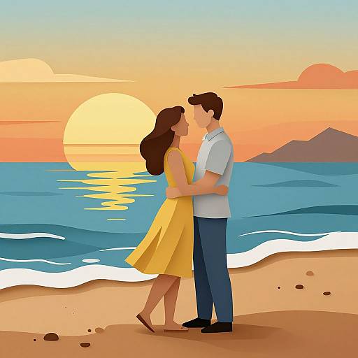 Digital illustration of a couple embracing on a beach at sunset, with the man in a white shirt and blue pants, and the woman in a yellow dress