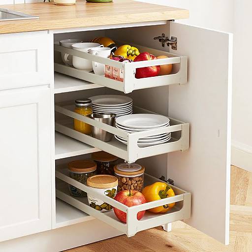 Photograph of a white kitchen drawer with three pull-out shelves, holding white dishes, jars, and colorful fruits like tomatoes and bell peppers.