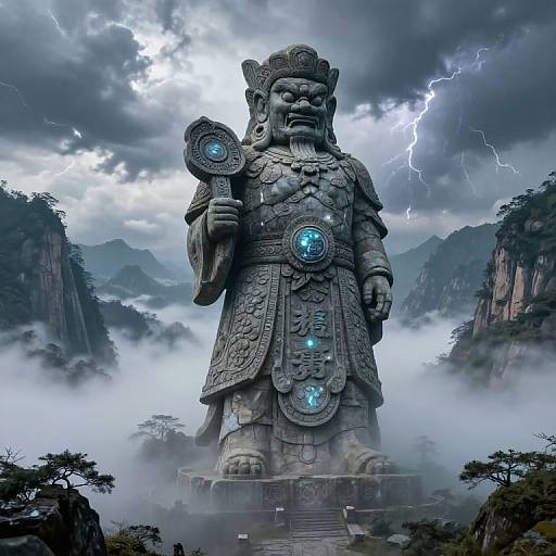 Gigantic stone statue of a fierce, armored deity with glowing blue orbs, lightning in the stormy sky, misty mountains, and dramatic clouds