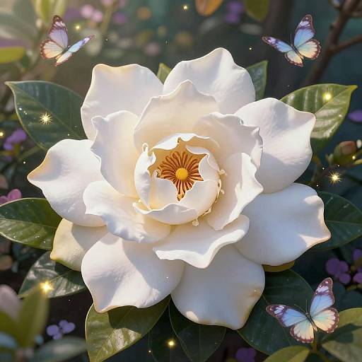 Photograph of a bright white rose with a yellow center, surrounded by glowing butterflies and green leaves, bathed in sunlight.