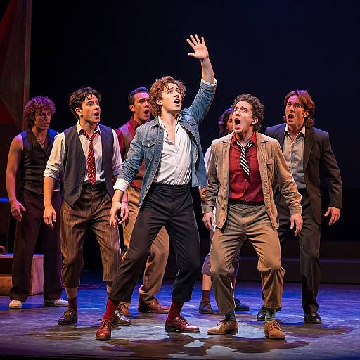 Photograph of a dramatic stage performance featuring six male actors in varied business attire, energetically reacting with raised arms and open mouths under bright stage lights