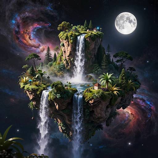 Fantastical digital art: Floating island with twin waterfalls, lush greenery, palm trees, and moonlit night sky, surrounded by colorful neb