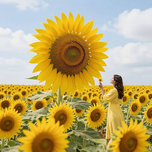 Photograph of a woman in a yellow dress standing in a sunflower field, holding a sunflower, with a large sunflower in the foreground under
