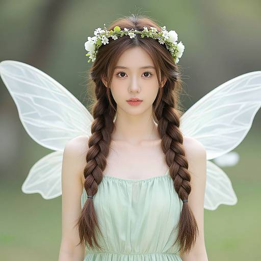 Photograph of an Asian woman with long braided brown hair, wearing a white floral crown, fairy wings, and a light green dress, standing in
