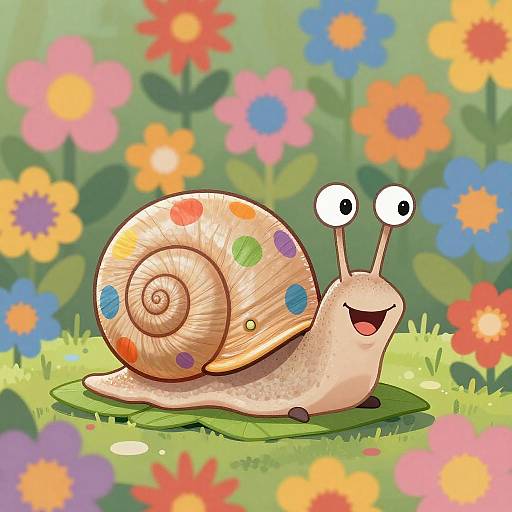 Whimsical Cartoon Snail Among Colorful Flowers