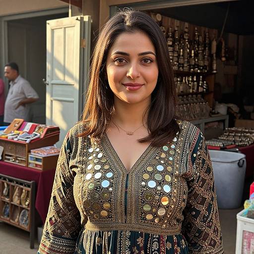 Photograph of a smiling South Asian woman with medium skin and long dark hair, wearing a sparkly, gold-embroidered black dress, standing