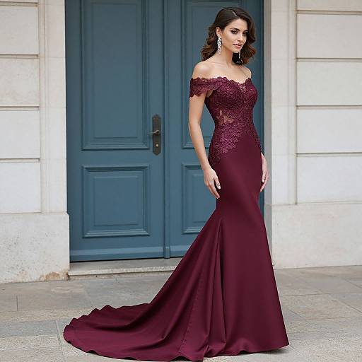 Photograph of a woman with dark hair in an off-shoulder, deep burgundy lace and satin mermaid gown, standing in front of a