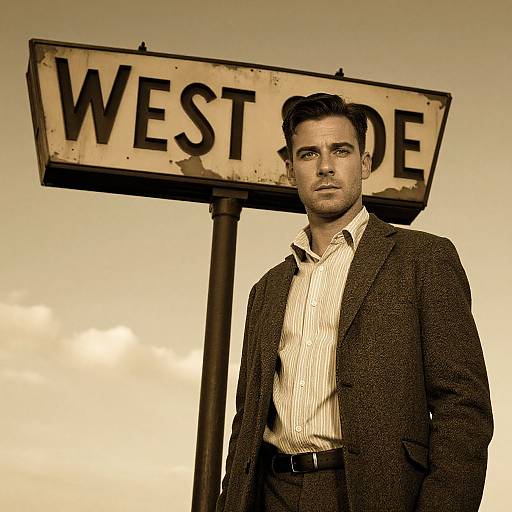 Sepia-toned photograph of a serious, dark-haired man in a textured gray suit, white striped shirt, standing in front of a worn 