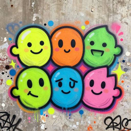 Digital drawing of six colorful, smiling, bubble-like characters (yellow, orange, green, green, blue, pink) with simple black eyes, set