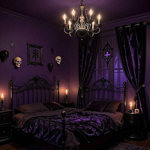Gothic bedroom photograph: Black wrought-iron bed, purple-patterned bedspread, skull wall decorations, chandelier, purple curtains, candles,