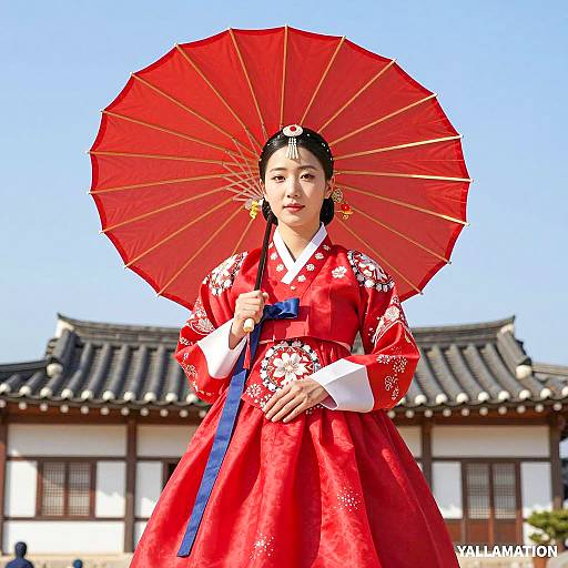 Asian Woman in Traditional Korean Hanbok with Red Parasol