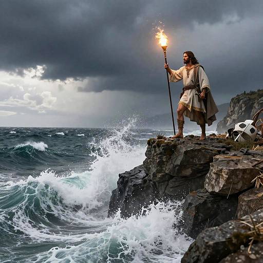Photograph of a bearded man with long hair, holding a torch, standing on a rocky cliff, waves crashing below, stormy sky, white