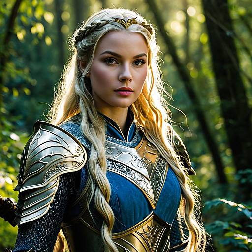 Fantasy Warrior Woman in Blue and Gold Armor