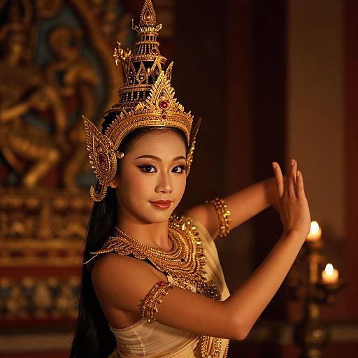 Photograph of an Asian woman in ornate gold traditional Thai royal attire and headdress, hands raised in prayer, warmly lit, with a blurred,