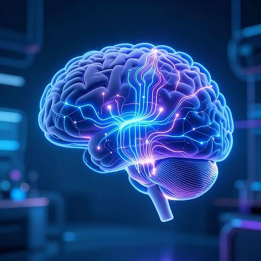 Neon-blue, futuristic CGI of a glowing human brain with illuminated neural pathways against a dark, sci-fi laboratory background.