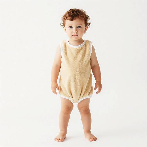 Photograph of a curly-haired, blue-eyed baby in a beige, sleeveless onesie standing barefoot against a plain white background.