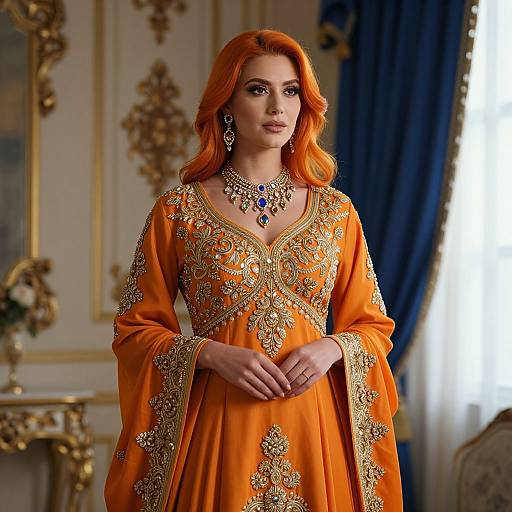 Photograph of a red-haired woman in an ornate, gold-embroidered, orange traditional dress, standing in an opulent, gold-ac