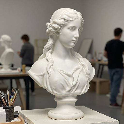 Photograph of a white, classical-style bust of a young woman with wavy hair, displayed on a pedestal in an art studio. Background includes blurred