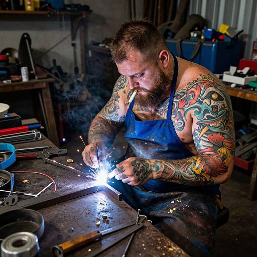 Tattooed, bearded man with muscular build and colorful sleeve tattoos sparks welding in dimly-lit, cluttered workshop, wearing blue apr