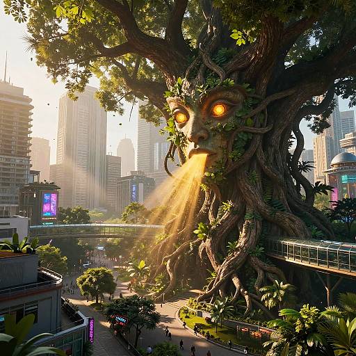 CGI image: Gigantic, ancient tree with glowing yellow eyes and sunbeams streaming from its mouth, towering over a futuristic cityscape with skys