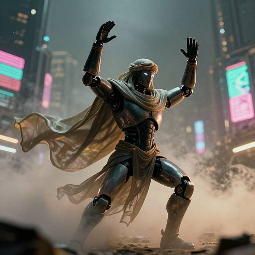 Digital artwork of a glowing, metallic, superhero-like figure in a dynamic pose, wearing a flowing white cape, in a neon-lit, futuristic city