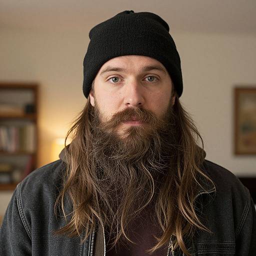 Photograph of a bearded man with long brown hair, wearing a black beanie and dark jacket, standing in a warmly lit living room with blurred