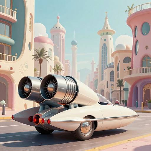 CGI image of a futuristic, silver rocket car with twin engines, driving through a pastel-colored, retro-futuristic cityscape with curved buildings