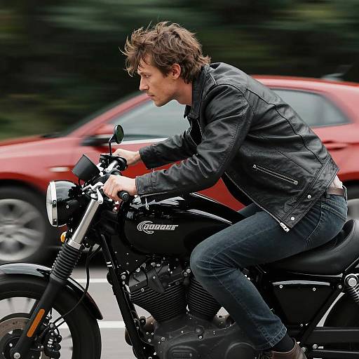 Man Riding Black Motorcycle with Leather Jacket