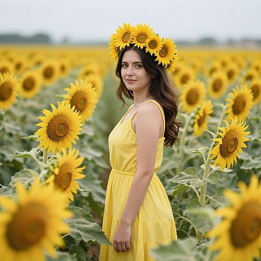 Photograph of a young woman with long brown hair, wearing a yellow sundress and a sunflower crown, standing in a vibrant sunflower field.