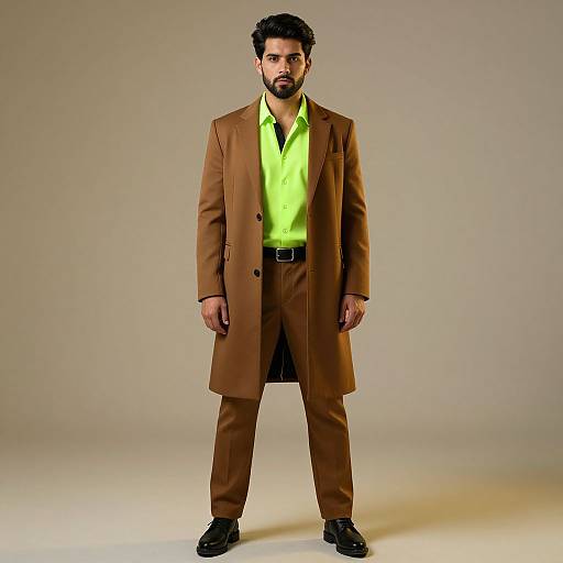 Photograph of a bearded man with dark hair, wearing a brown long coat over a bright neon green shirt, black pants, and black shoes,