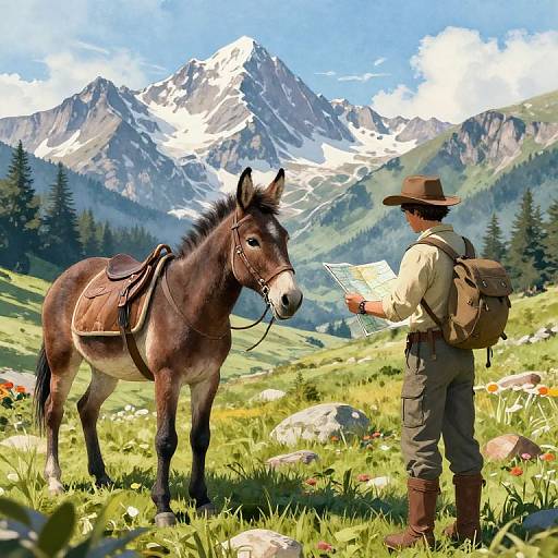 Hiker with Mule Reading Map in Mountain Valley