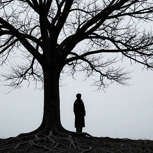 Silhouetted person stands before a large, leafless tree with sprawling branches, against a stark white background. Black and white photograph.