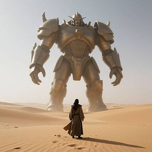 Photorealistic CGI of a lone figure in a hooded cloak facing a massive, metallic, armored giant in a sunlit desert.