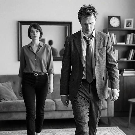 Man and Woman in Living Room Black and White
