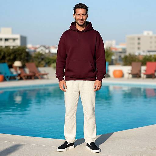Photograph of a smiling man with dark hair and beard, wearing a black hoodie, white pants, and black sneakers, standing by a clear blue pool