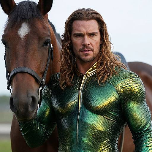 Photograph of a muscular man with long brown hair in a shiny green and gold scale-like suit, standing beside a brown horse.