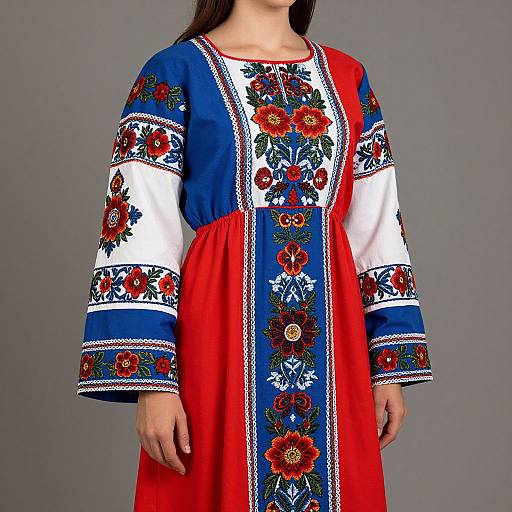 Photograph of a woman wearing a vibrant, long-sleeved, traditional dress with blue, white, and red patterns, featuring floral embroidery and intricate