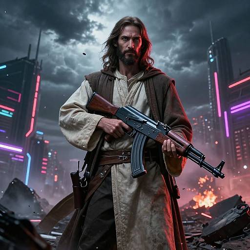 Cyberpunk Jesus in Futuristic Warzone