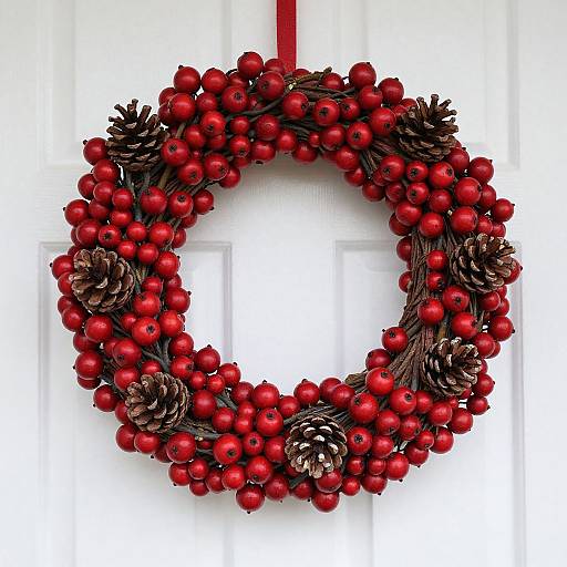 Photograph of a festive red berry and pine cone wreath, hanging by a red ribbon on a white paneled door.