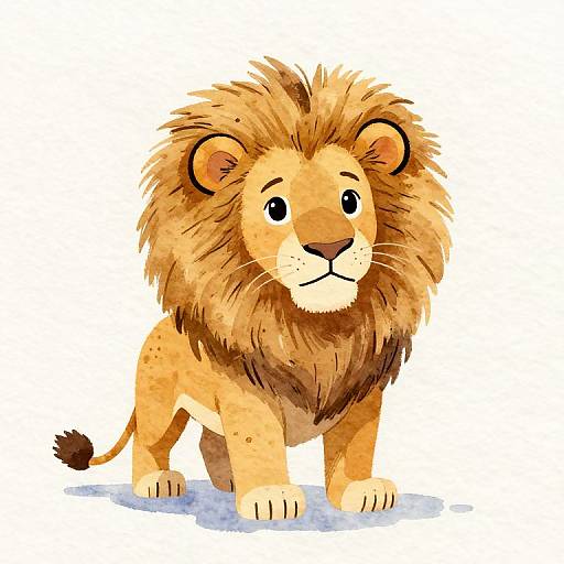 Cute digital illustration of a cartoon lion cub with a fluffy brown mane, smiling, standing on white background with light blue shadow.