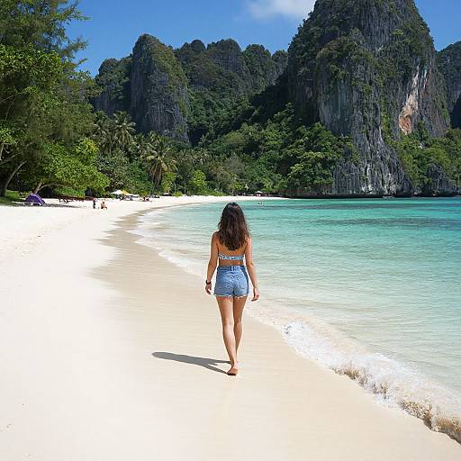 Photograph of a woman with long brown hair in a blue patterned bikini walking along a pristine, white sandy beach with turquoise water and lush, green