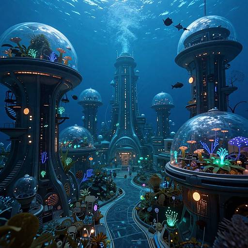 Digital artwork of a vibrant, underwater futuristic city with dome-shaped structures filled with colorful marine life, illuminated by glowing lights.