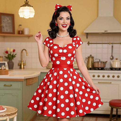 Vintage-style photograph of a smiling woman with dark hair, red polka dot dress, pearl necklace, and red bow, standing in a cozy kitchen.
