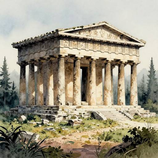Illustration of an ancient Greek temple with tall, weathered columns, detailed frieze, and a tiled roof, set in a lush, over