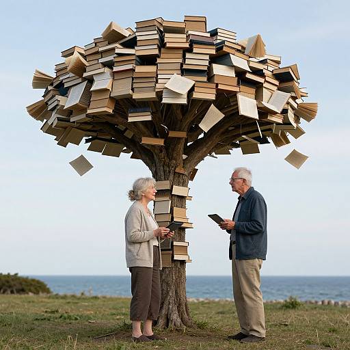 Photograph of elderly couple standing before a surreal book tree, with books stacked on branches, facing each other, holding tablets, by the sea.