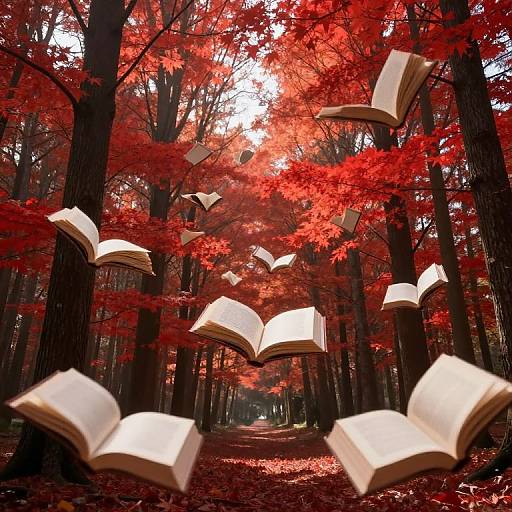Photograph of open books floating magically in a dense forest of tall trees with vibrant red autumn leaves, sunlit canopy.