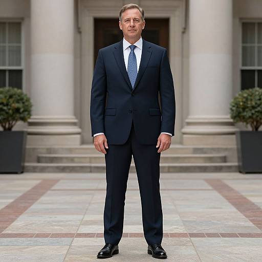 Photograph of a middle-aged white man in a dark blue suit, white shirt, and blue tie standing in front of an ornate building with columns